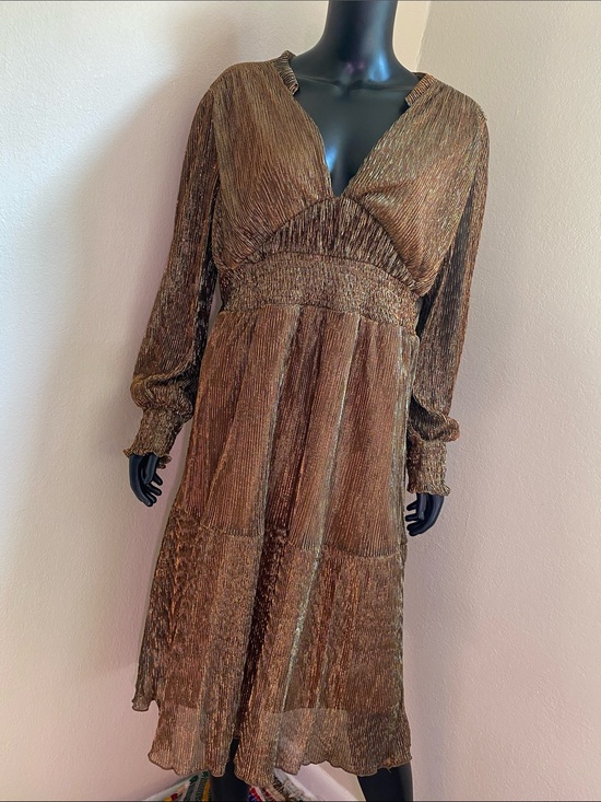 NY Collection Dresses & Skirts - NY Collection Shimmery Bronze V-Neck Long Sleeve Midi Dress